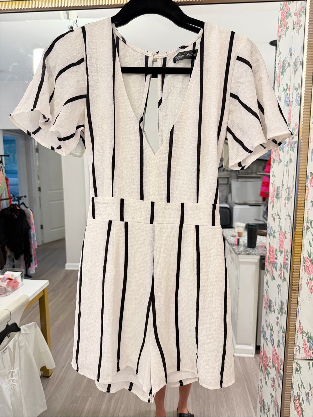 White & Black Vertical Stripe V-Neck Romper Dress